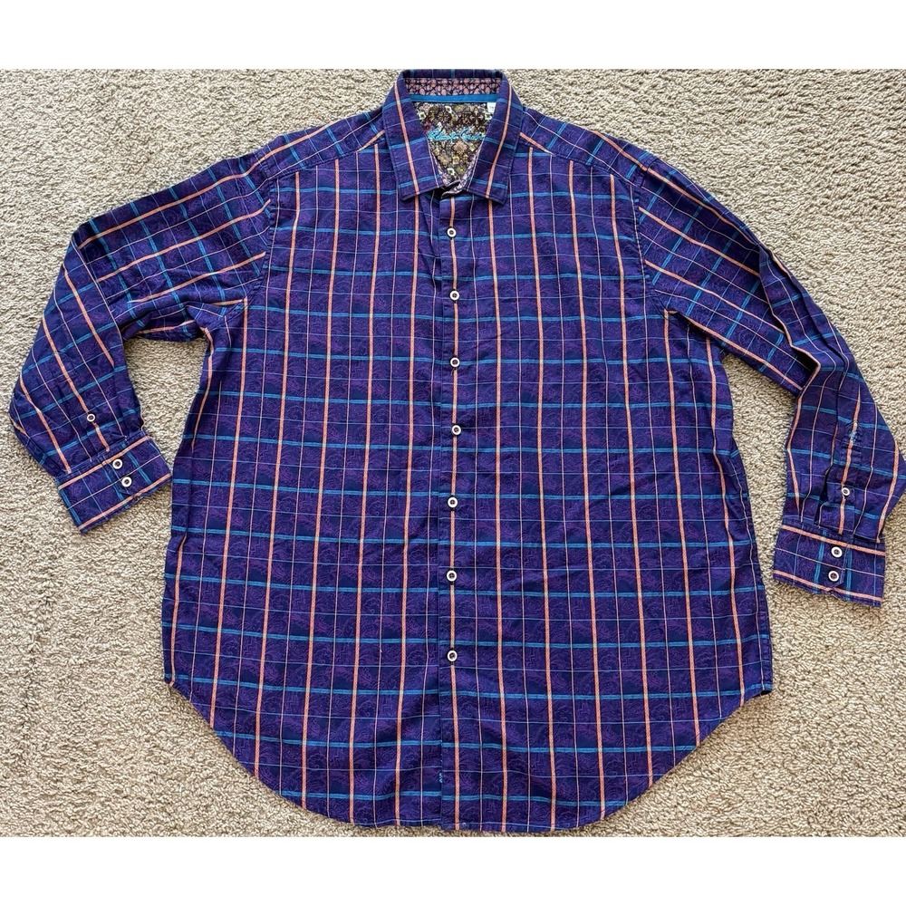 Robert Graham Mens Shirt Purple Teal Plaid Embroidery Purple Size 2XL